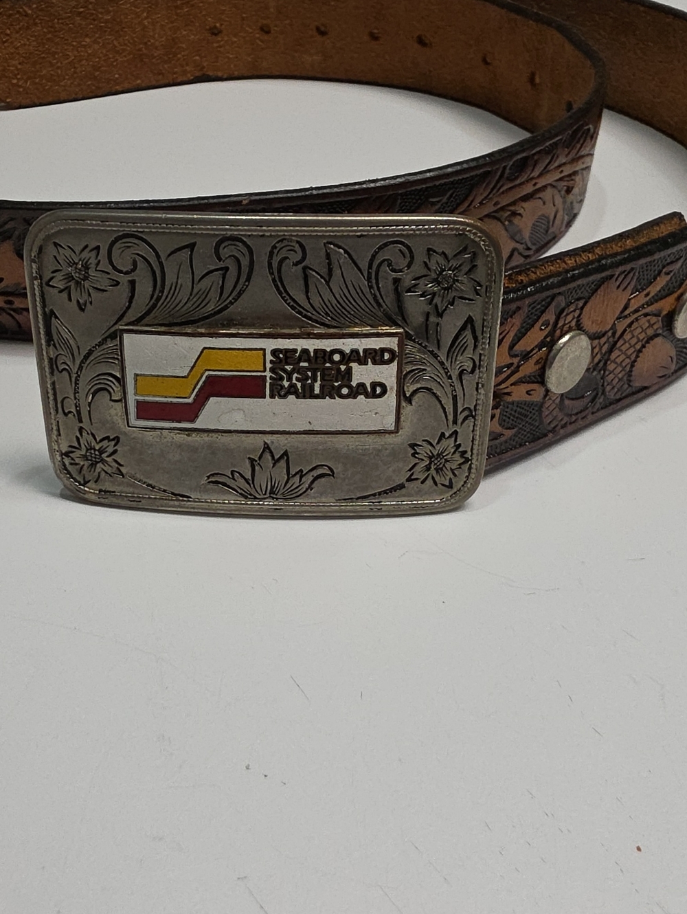 Vtg 1980s Seaboard System Railroad Buckle & Hand Tooled Leather Western Belt Set